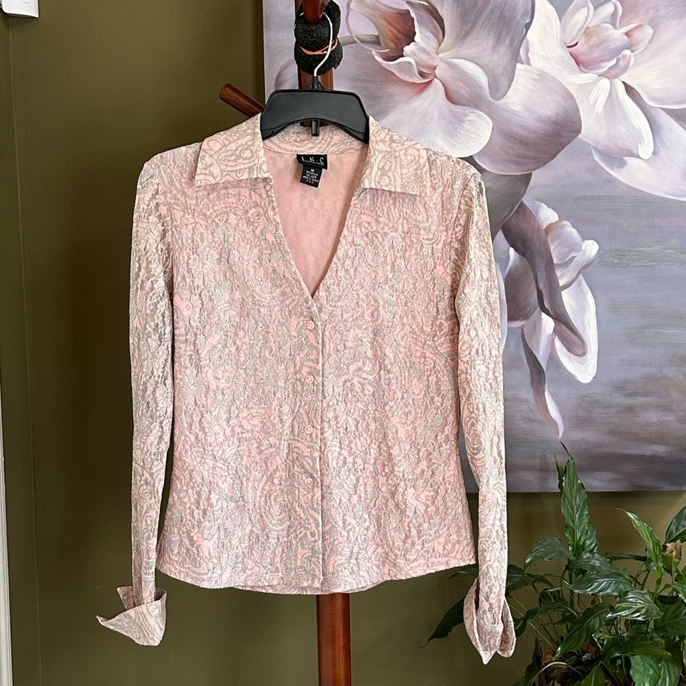 INC International Concepts Long Sleeve Pink Lace Top Blouse